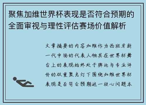 聚焦加维世界杯表现是否符合预期的全面审视与理性评估赛场价值解析